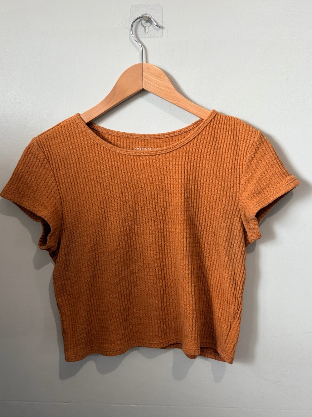 American Eagle Waffle Knit Crop Top Brown Orange Short Sleeve Thermal Tee Small